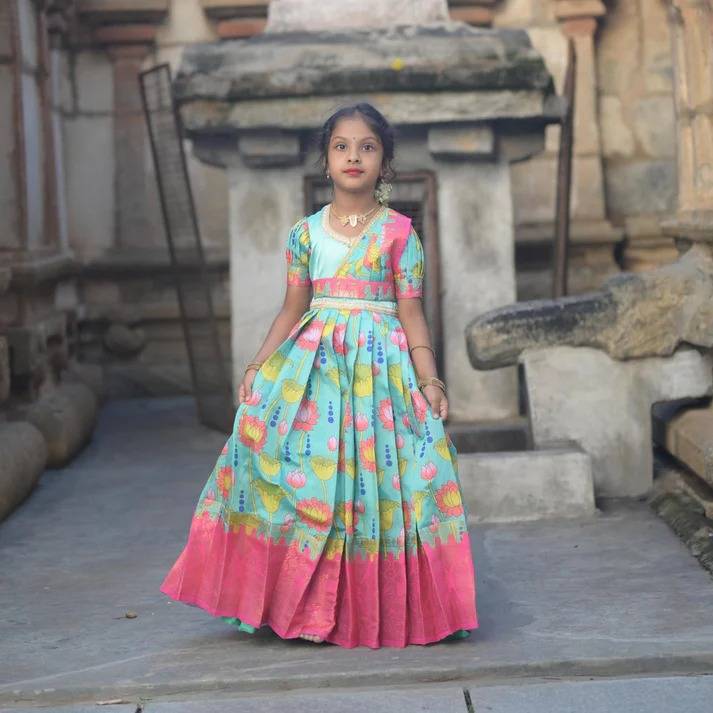 Ugadi Special Attach Dupatta kids Gown Silk Sky blue Boutique children clothing wholesale